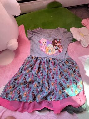 Shopkins Gray Top Blue Character Print Dress with Pink Trim